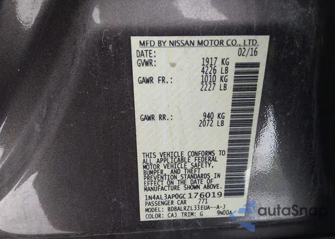 2016 Nissan Altima 2.5 Sl from USA, damaged, VIN 1N4AL3AP0GC176019